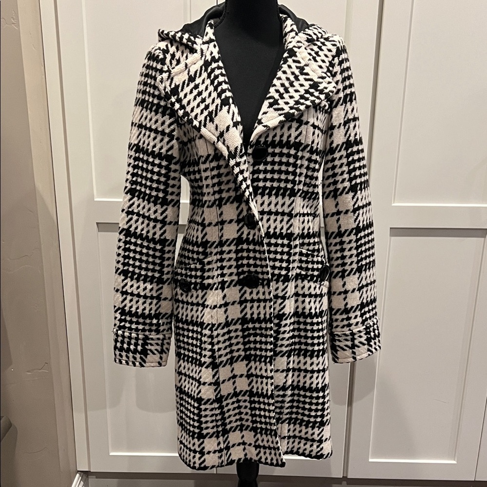 Frenchi Black and White Wool Houndstooth Trench Coat Size XS